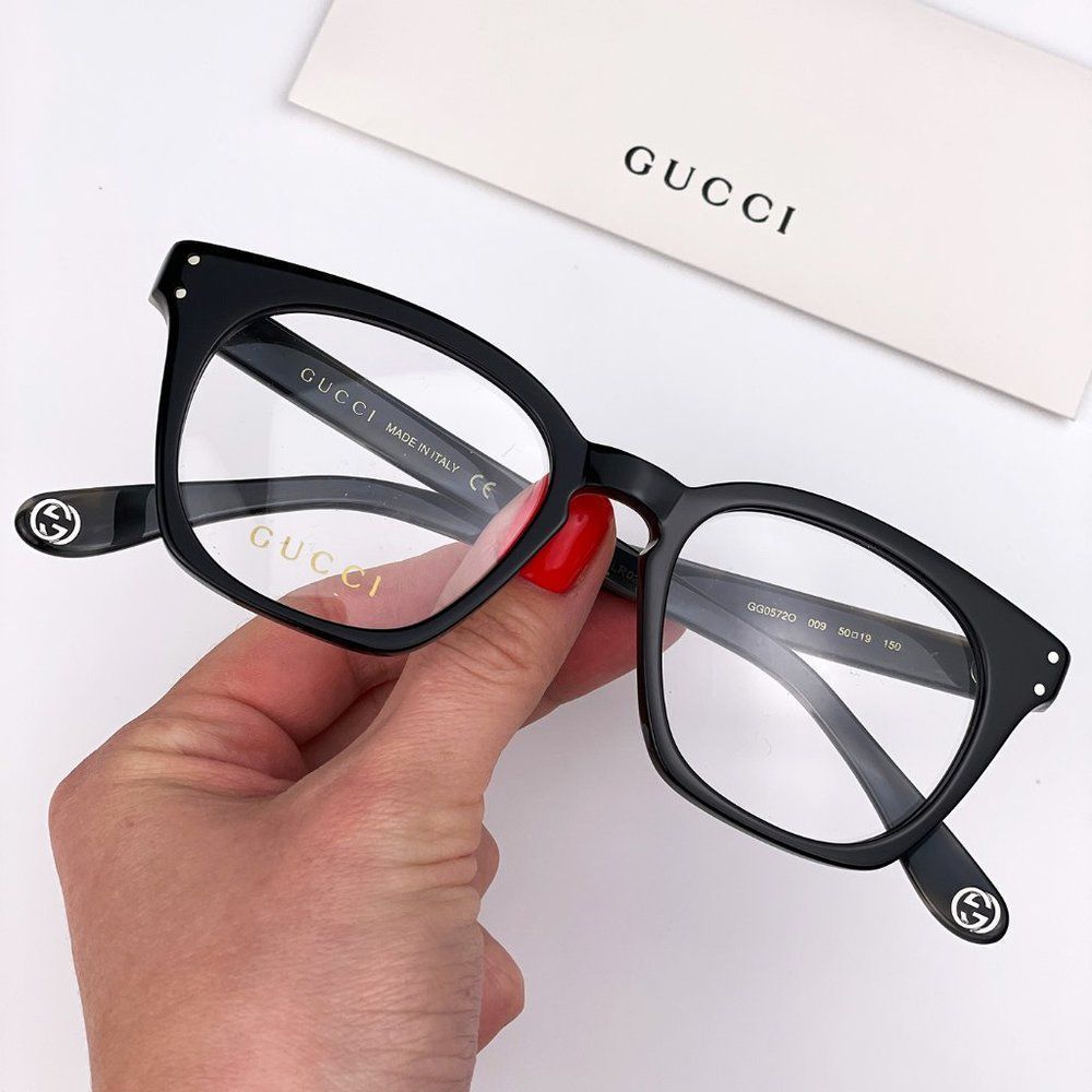 🔥 GUCCI Logo GG0572O 009 Eyeglasses Black Gray Square Unisex - Picture 1 of 11